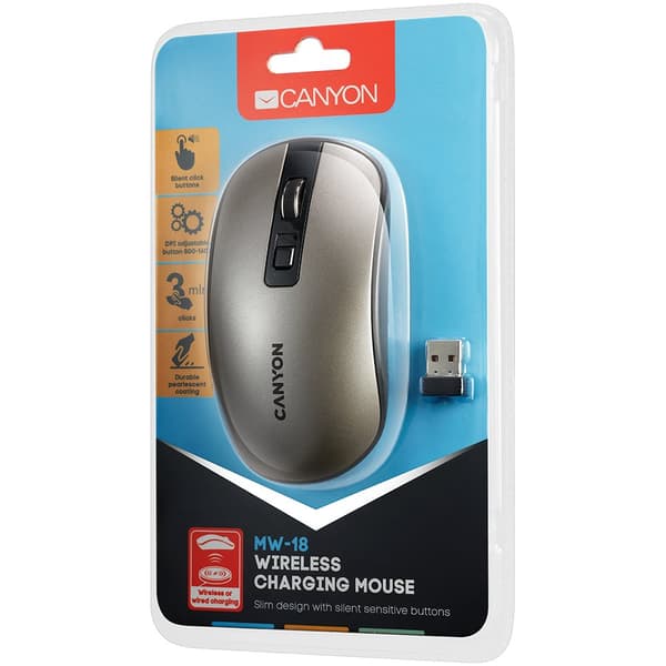 CANYON MW-18, 2.4GHz Wireless Rechargeable Mouse with Pixart sensor, 4keys, Silent switch for right/left keys,DPI: 800/1200/1600, Max. usage 50 hours