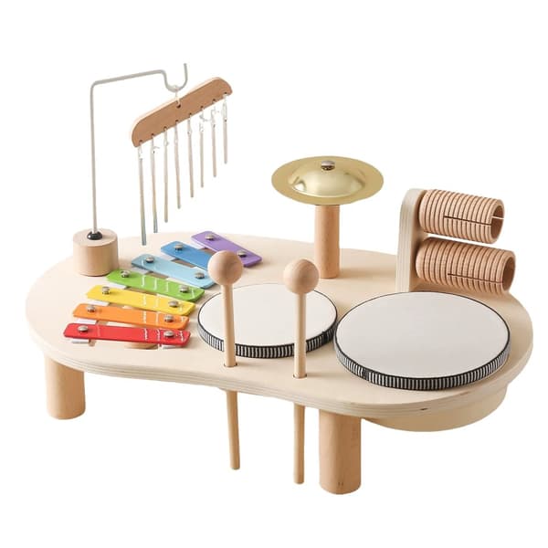 Puinen Musiikkipöytä, 7 in 1 Taapero Montessori Musiikkisoittimet, Rumpusetti, Ksylofoni,Kuten näytetään