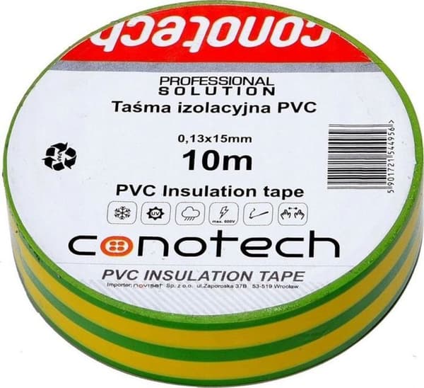 Conotech - BX10254 - PVC-isoleringstejp grön/gul 0,13x15x10m NS