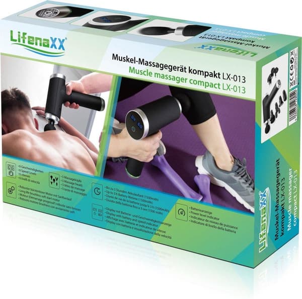 Technaxx Lifenaxx LX-013 Massagepistol - Sport- och avslappningsmassagepistol trådlös med tillbehör Svart