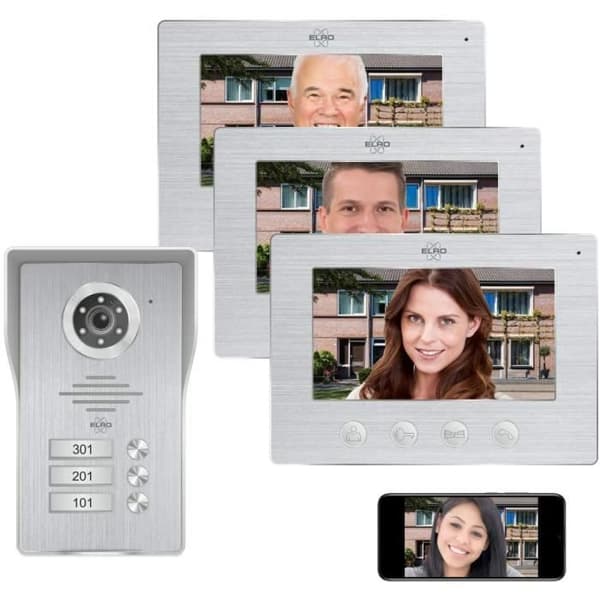 ELRO DV477IP3 WiFi IP Video Intercom. 3 familjer - med 3x7 tums färgskärm. Live View och kommunikation via app