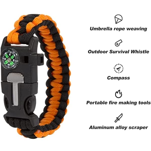 Överlevnadsarmband Paracord l Kompass , Visselpipa , Flintbrandstartare - Orange