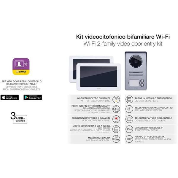 VIMAR Smart tvåfamiljs videointercom-kit med 2 handsfree-pekskärmar, 2-knapps audio-videoplatta