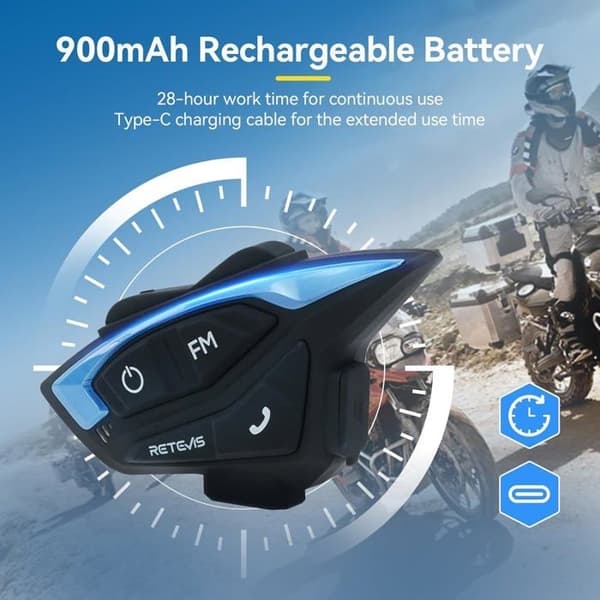 Retevis EZTalk 3A Motorcykel Intercom Duo, 5.1, 1000m Intercom, Klart ljud, 28h, FM, USB C, IP65, Bluetooth Motorcykel Headset för Ridning