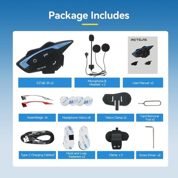 Retevis EZTalk 3A Motorcykel Intercom Duo, 5.1, 1000m Intercom, Klart ljud, 28h, FM, USB C, IP65, Bluetooth Motorcykel Headset för Ridning