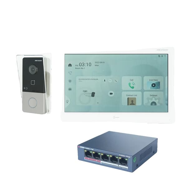 HIKVISION Video Intercom System, 10 Tommer Touchscreen, Højopløselig 1080p Video,2 dørklokker 2 skærme with PoE Switch Kit