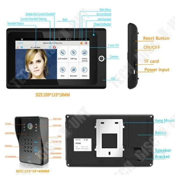 TD® Två bildskärmar 7" Larmsystem WiFi 2.4G trådlöst RFID-lösenord Videodörr Intercom Dörrklocka Kamera IR Night Vision