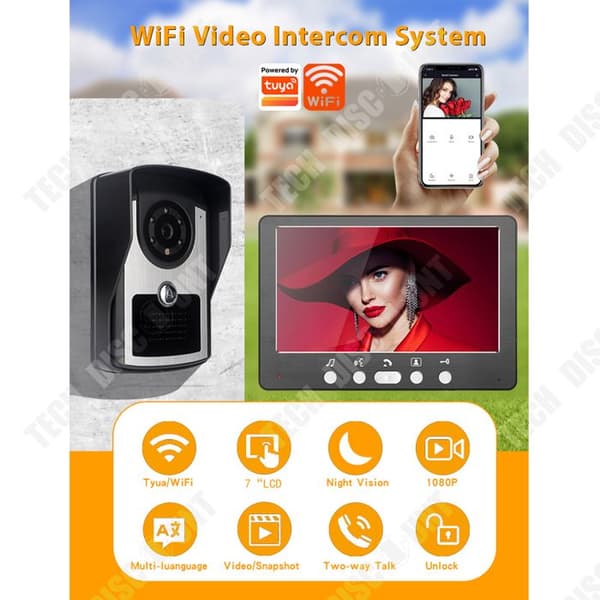 TD® Home Video Dörrklocka Graffiti WIFI Men Dörrklocka Intercom System 7-tums färgskärm inomhus HD 1080P Video Foto Visual Intercom