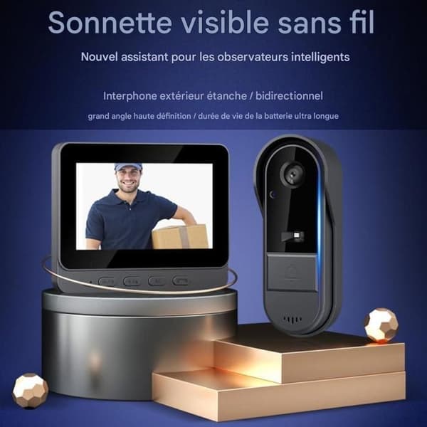 Trådlös dörrklocka med kamera - Trådlös videotelefon - Trådlös video intercom - Vattentät, med 4.3 IPS-skärm, 170° Nattsyn