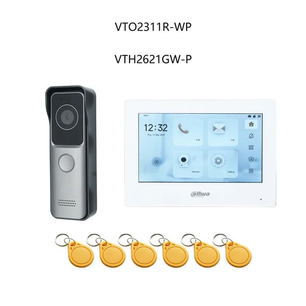 Dahua IP Video Intercom Kit, RFID-kortlåse, 7-tommers touchskærm,1 DB 1 hvid Skærm