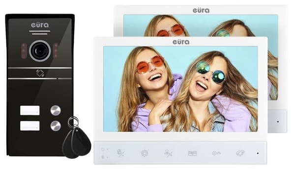 Eura - VDP-80C5 - 4-tråds videointercom 2 x 7 tum färgskärm 2 ingångar FHD RFID-kryptering 1080p Wiess