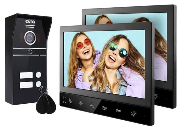 Eura - VDP-80C5 - Tvåfamiljs videointercom 4 ledningar 2 x 7 färgskärm 2 ingångar FHD RFID-kryptering 1080p Svart