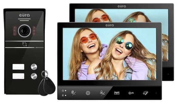 Eura - VDP-80C5 - Tvåfamiljs videointercom 4 ledningar 2 x 7 färgskärm 2 ingångar FHD RFID-kryptering 1080p Svart