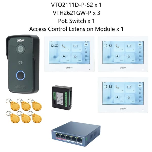 Dahua IP Video Intercom System, Induktiv Kortadgang, 7-Tommers Touchskærm,1 DB 3 hvid skærm