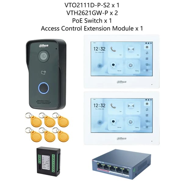 Dahua IP Video Intercom System, Induktiv Kortåtkomst, 7-Tums Pekskärm,1 DB 2 vit skärm