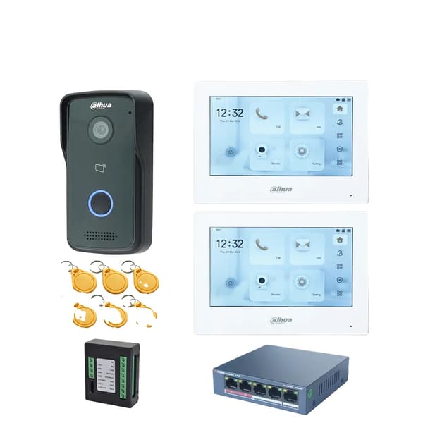 Dahua IP Video Intercom System, Induktiv Kortåtkomst, 7-Tums Pekskärm,1 DB 2 vit skärm
