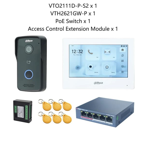 Dahua IP Video Intercom System, Induktiv Kortåtkomst, 7-Tums Pekskärm,1 DB 1 vit skärm