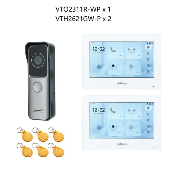 Dahua IP Video Intercom Kit, RFID-kortlåse, 7-tommers touchskærm,1 DB 2 hvid Skærm
