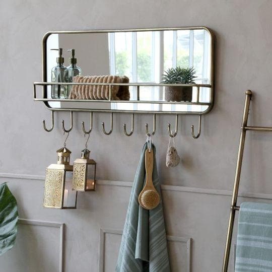 Väggspegel med hylla och 8 krokar H44.5 / L87 / W12 cm antik mässing