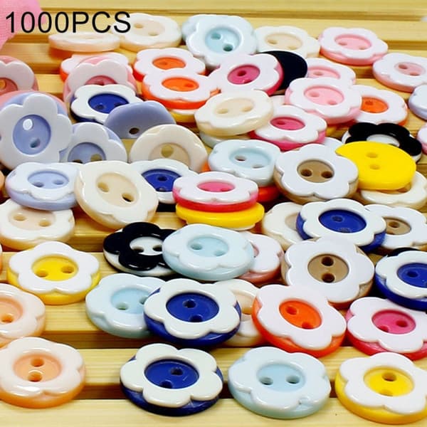 1000 STK Plum Blossom Form Resin 2 Huller Knap Syningstilbehør Tøj Dekoration Håndværk, Tilfældig farve, Diameter: 12,5 mm