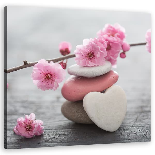 Billede på lærred, Zen Cherry Blossom Heart Stone - 50x50