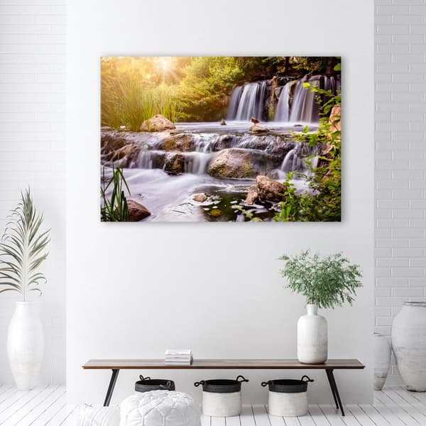 Bild på duk, Vattenfall vid solnedgången natur - 120x80