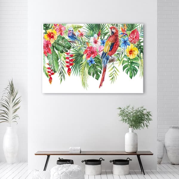 Billede på lærred, Blade blomster papegøje tropisk - 60x40