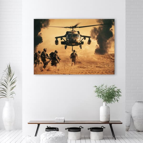 Billede på lærred, helikopter og soldater på mission - 120x80