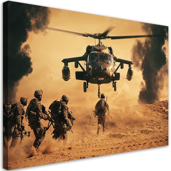 Billede på lærred, helikopter og soldater på mission - 120x80