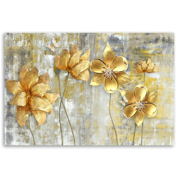 Billede på lærred, gyldne blomster og sommerfugle - 120x80