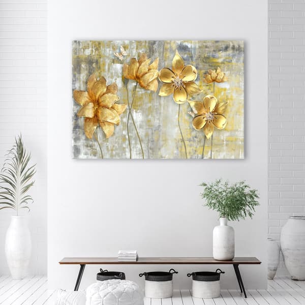 Billede på lærred, gyldne blomster og sommerfugle - 120x80