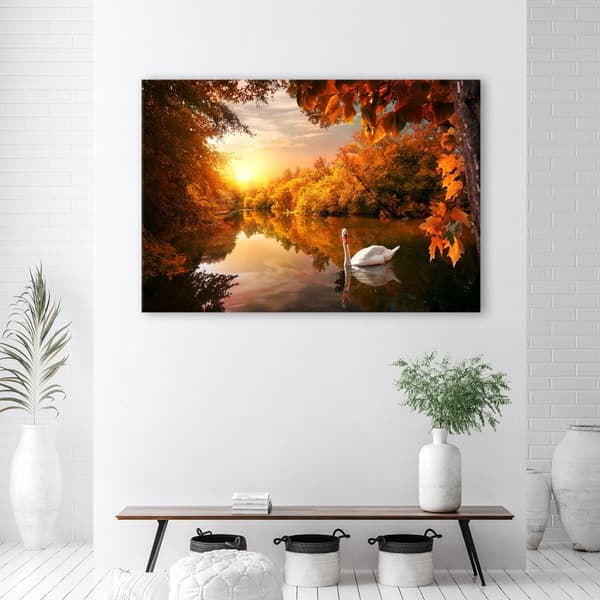 Billede på lærred, Svane på dammen om efteråret - 120x80