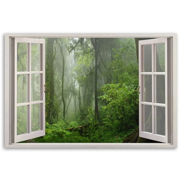 Billede på lærred, Vindue tropisk jungleskov - 60x40