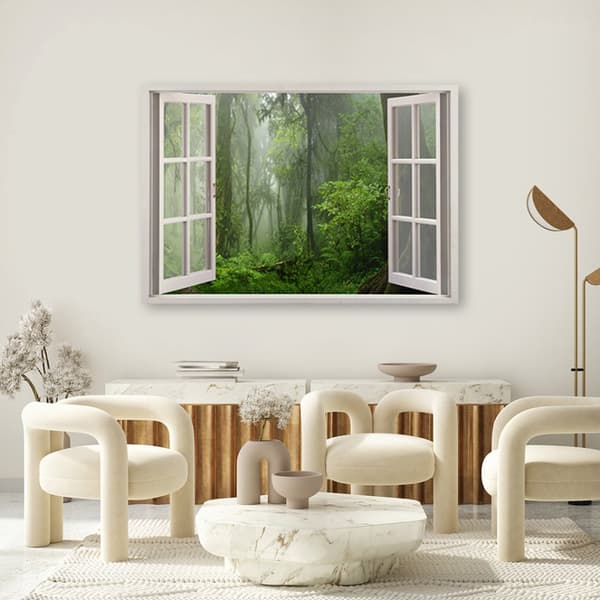 Billede på lærred, Vindue tropisk jungleskov - 90x60
