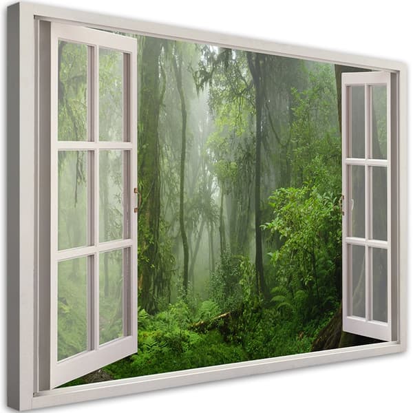 Billede på lærred, Vindue tropisk jungleskov - 90x60