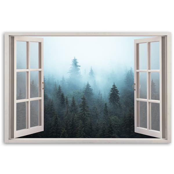 Billede på lærred, vinduesudsigt, Skov i tågen, natur - 120x80