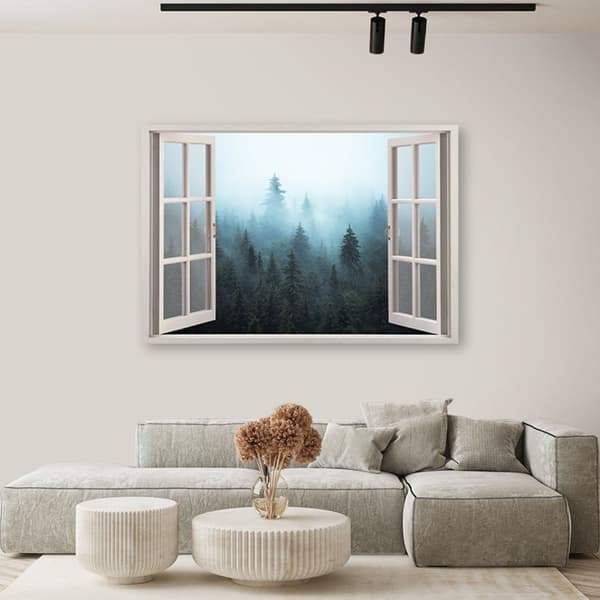 Billede på lærred, vinduesudsigt, Skov i tågen, natur - 120x80