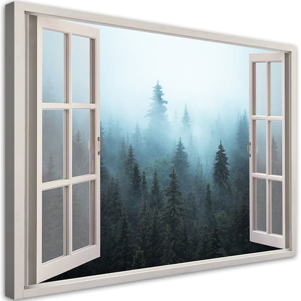 Billede på lærred, vinduesudsigt, Skov i tågen, natur - 120x80