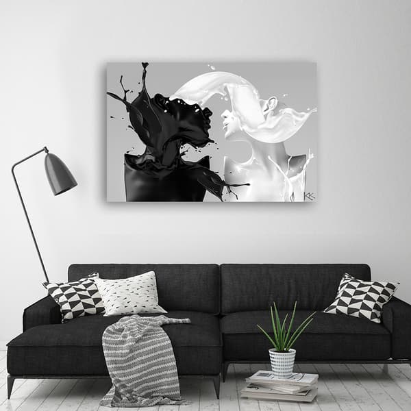 Billede på lærred, kaffe og mælk sort/hvidt kærlighedspar - 90x60