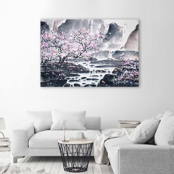 Billede på lærred, japansk akvarellandskab - 60x40