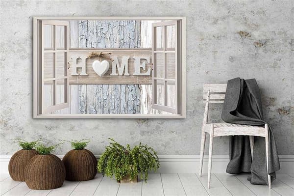 Kuva kankaalle, ikkunan kirjoitus Home Heart shabby chic - 90x60
