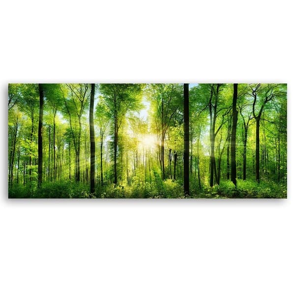 Bild på duk, Solstrålar i den gröna naturskogen - 90x30