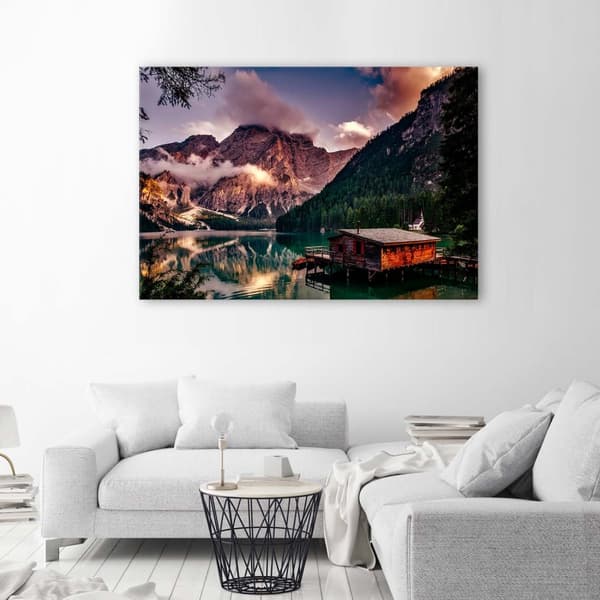Billede på lærred, Sommerhus ved bjergsøen - 60x40
