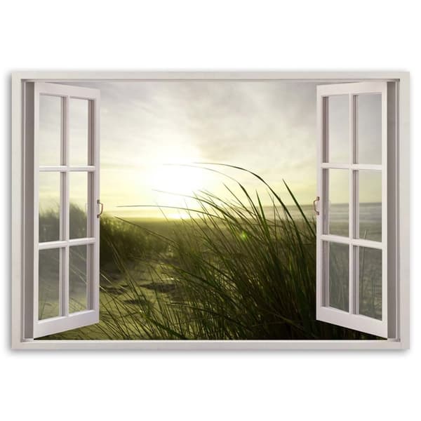 Billede på lærred, Vindue - vinter ved havet - 120x80