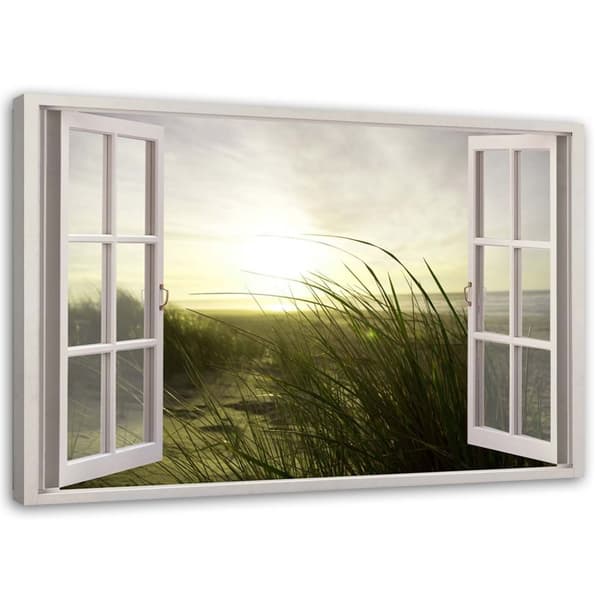 Billede på lærred, Vindue - vinter ved havet - 120x80