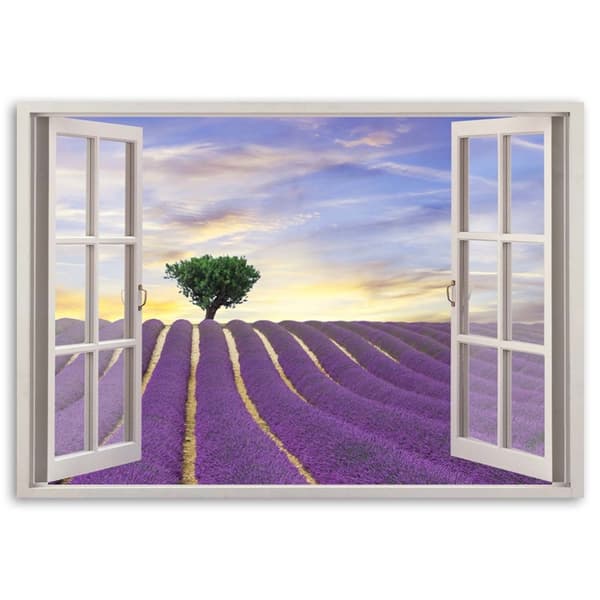 Billede på lærred, Vindue - lavendelfelt - 60x40