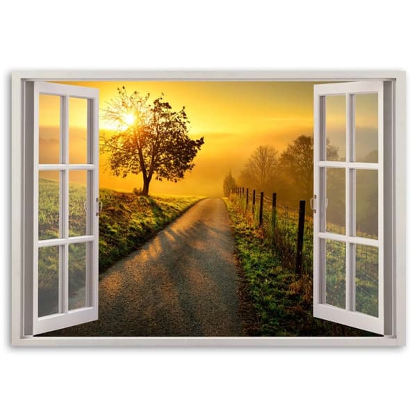 Billede på lærred, Vindue - solnedgang over vejen - 90x60
