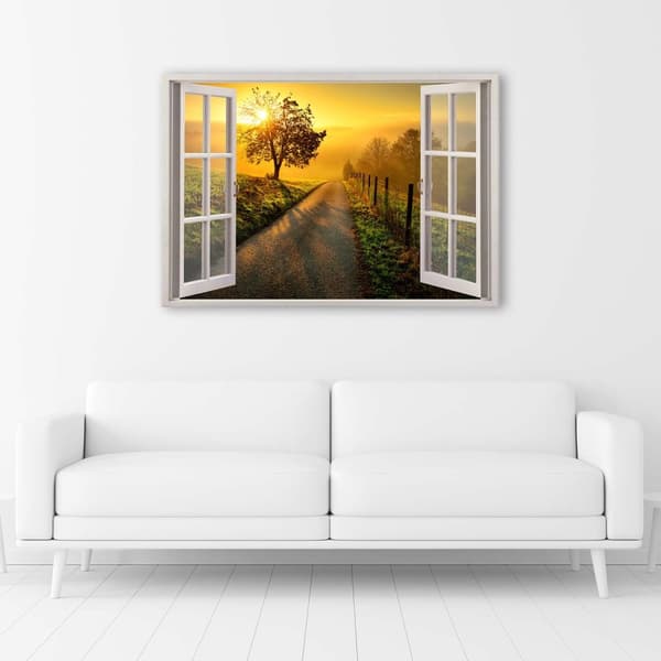 Billede på lærred, Vindue - solnedgang over vejen - 90x60