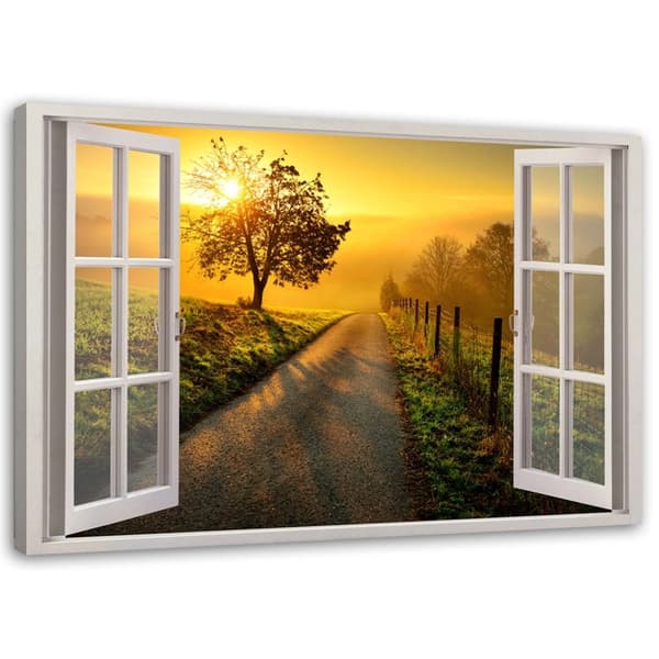 Billede på lærred, Vindue - solnedgang over vejen - 90x60