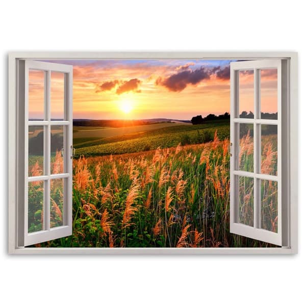 Bild på duk, Fönster - utsikt över ett fält av blommor - 120x80